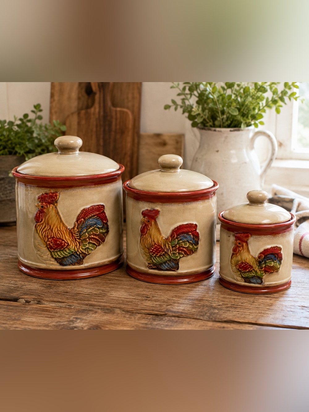Vintage Rooster Ceramic Canister Set of 3 Farmhouse Kitchen Storage EUC